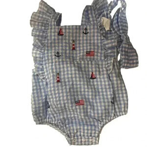 Mud Pie Patriotic Bubble Blue White Gingham Embroidered Flags Sail Boats 6-9 M